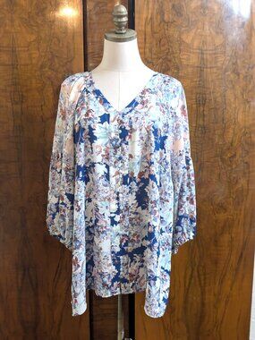 Rose & Olive Watercolor Cottagecore Floral Blouse 1X Blue Fabric Covered Buttons